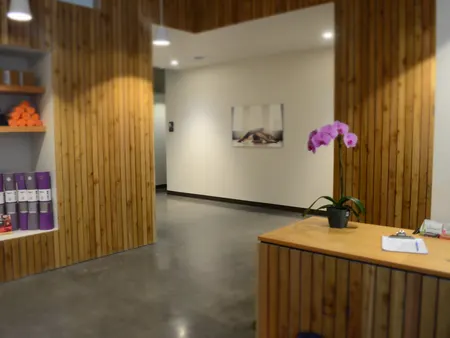 The front desk, and the way in past the mats.