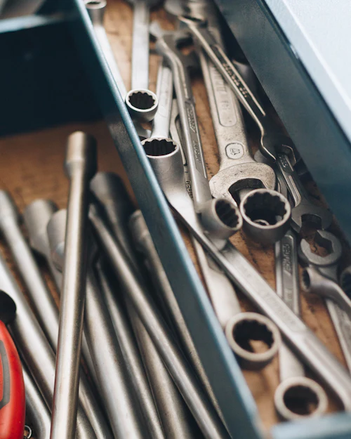 A drawer of combination spanners and sockets