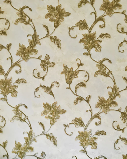 A cream wallpaper with a trailing olive-green floral pattern