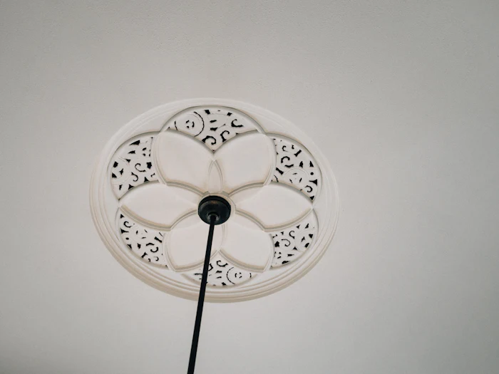 A plaster ceiling rose with pierced scrollwork around a pendant light