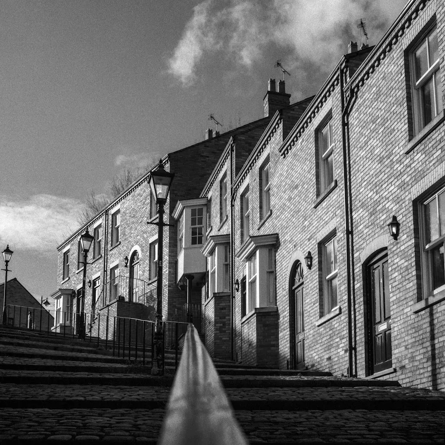 Crowther Street in Stockport, a cobbled terrace of steps, in black and white