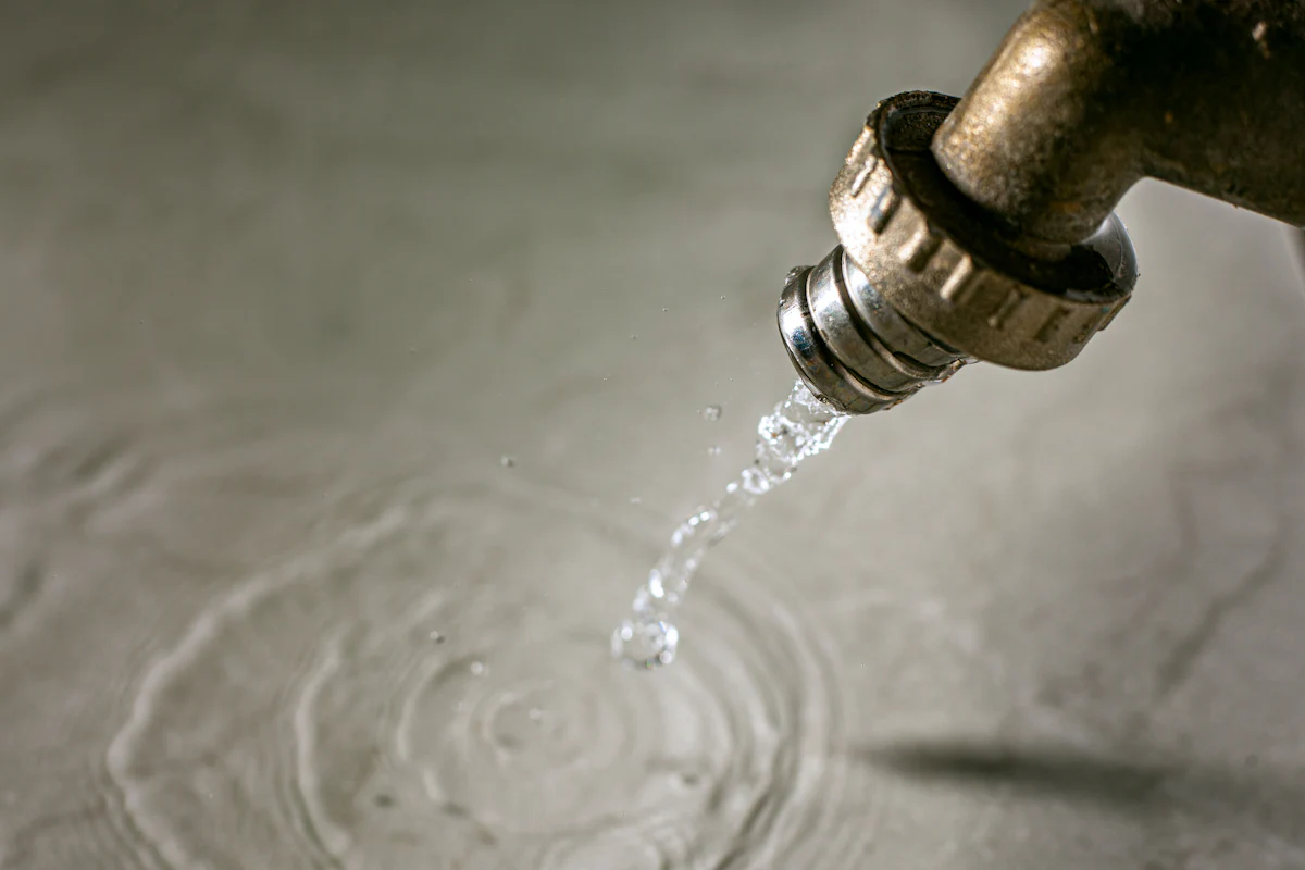 A brass tap dripping into still water, rings spreading out