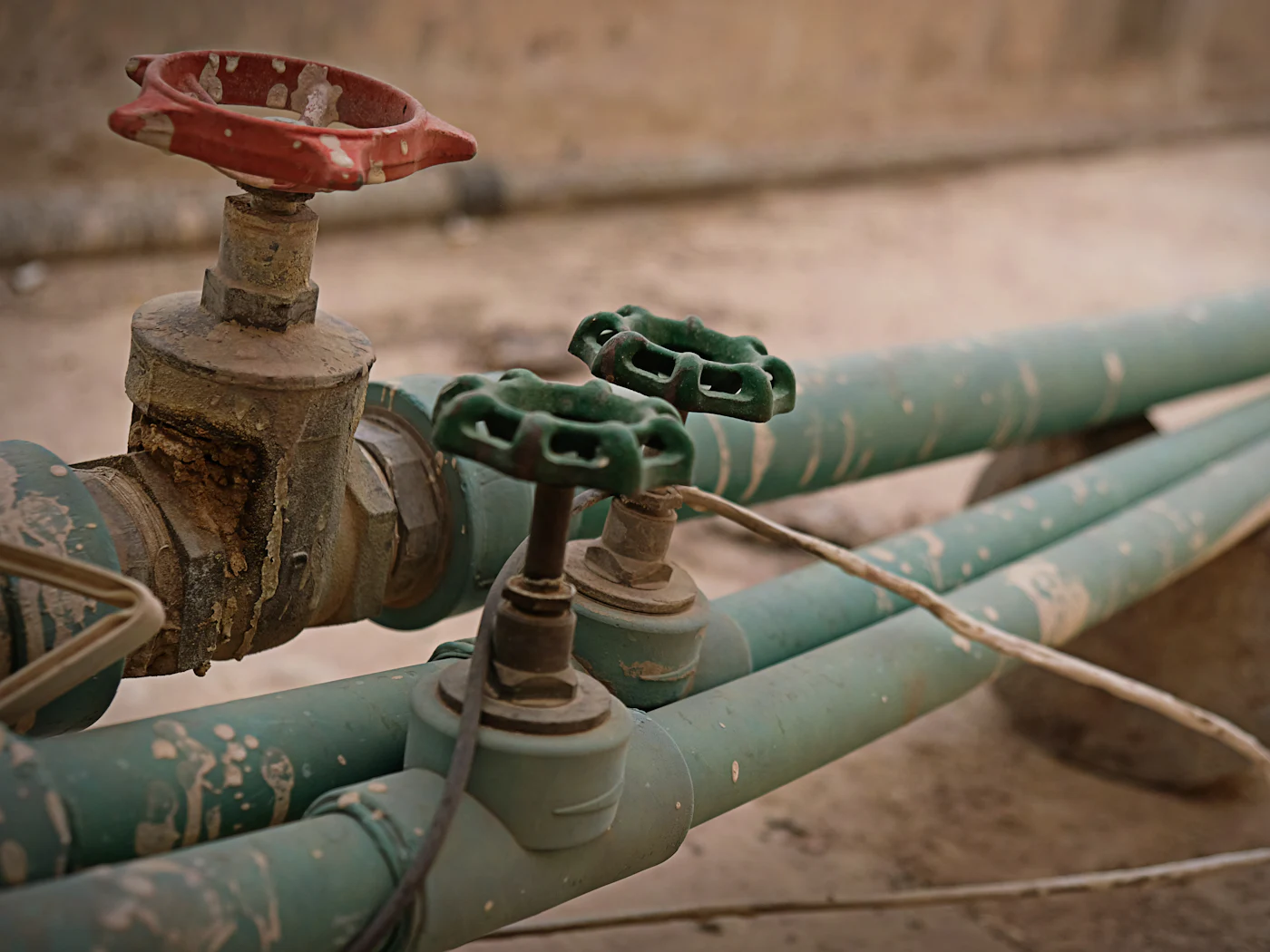 Old gate valves seized with corrosion on painted steel pipes