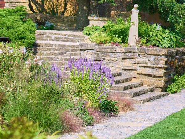 Stone steps climbing through a garden with purple salvia and grasses