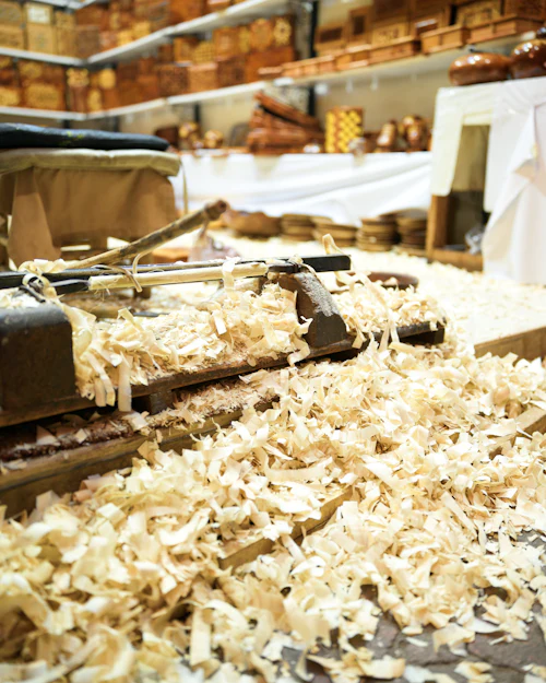 Curled wood shavings piled deep on a workbench beside a plane