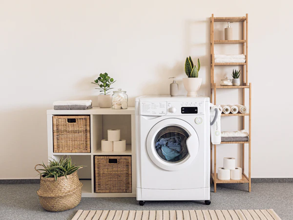 A washing machine with shelving and baskets beside it in a small bright utility room