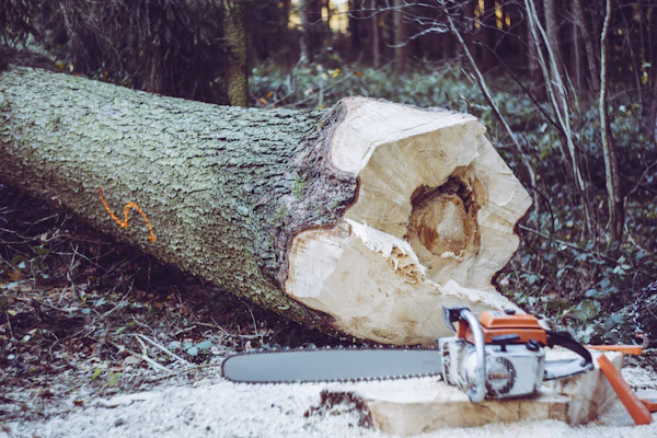 A felled trunk with a hollow heart lying on the ground, a chainsaw beside it