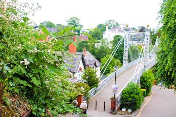 The white suspension bridge over the Dee to Queen’s Park, Chester, through riverside trees