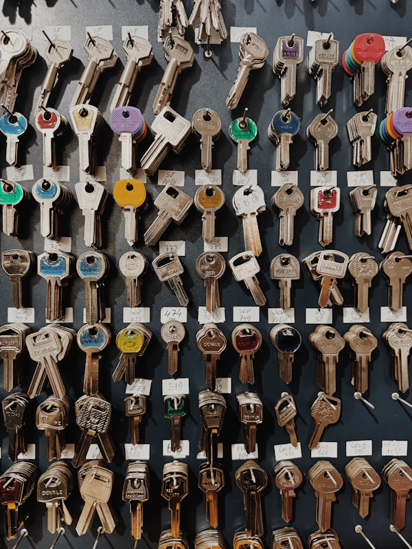 A wall of key blanks hung in rows, brass, nickel and coloured