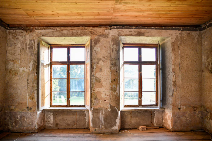 An old room with two small windows and patched, uneven walls of old lime plaster