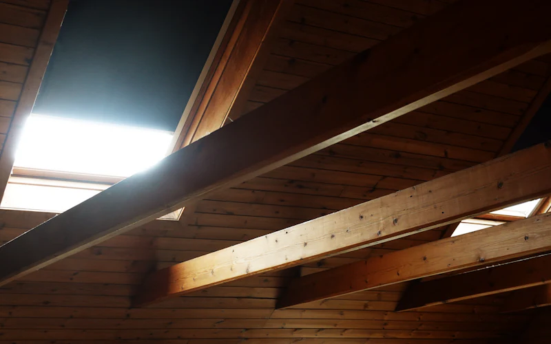 Bare roof timbers in an unconverted loft, lit by a single rooflight