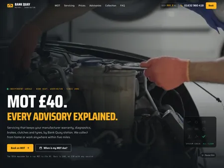 Bank Quay Motors. MOT and servicing · Warrington. An independent garage by Bank Quay station that tells you when your MOT is due, what it costs, and what every advisory means.