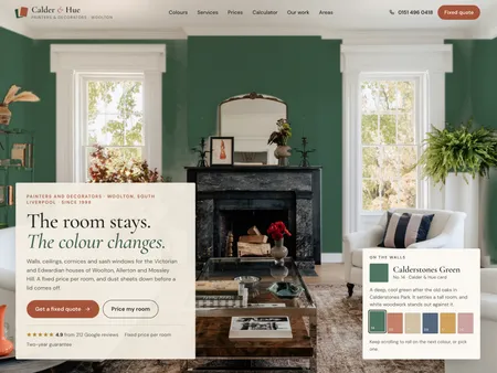 Calder & Hue. Painter and decorator · Woolton, Liverpool. Opens on a period front room whose walls are rolled through six colours from a south Liverpool card as you scroll, then a ceiling rose draws itself, and a room calculator gives the litres, tins and a fixed guide price.