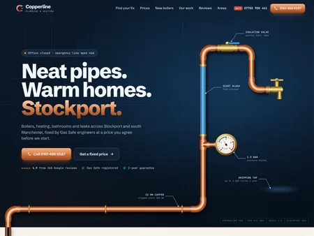 Copperline Plumbing & Heating. Plumbing and heating · Stockport. A copper pipe drawn like an engineer’s drawing opens the page and carries water down it; then a house in cutaway with a fixed price on every fault, and a boiler price in four questions.
