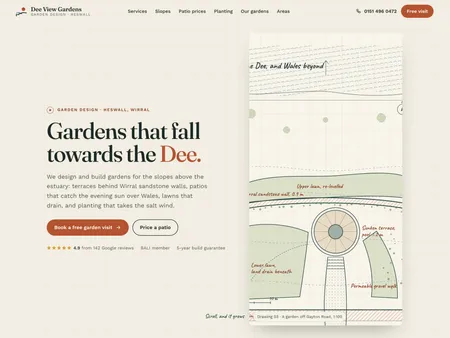 Dee View Gardens. Landscape gardener · Heswall. A garden plan draws itself, grows as you scroll and becomes the finished garden above the Dee; then a slope terraces itself behind sandstone walls, and a patio estimator prices the stone.