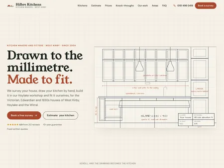 Hilbre Kitchens. Kitchen fitter · West Kirby. Opens on a joiner's pencil drawing of a kitchen that turns into the photograph unit by unit as you scroll, then lets you draw and price your own, with knock-throughs for the 1930s semis of the Wirral.