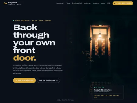 Keyline Locksmiths. Locksmith · Walton, Liverpool. Opens on a terraced front door at night, then walks into its lock: five pins picked to the shear line as you scroll until the plug turns; fixed call-out prices by the hour and a checker that reads your cylinder for your insurer.