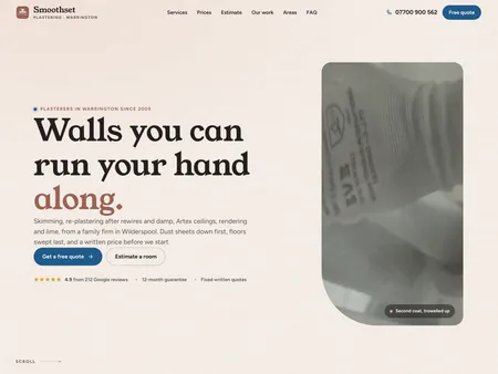 Smoothset Plastering. Plasterer · Warrington. A Warrington plasterer whose page skims an Artex ceiling under a torch as you scroll, and tells you the day you can paint.