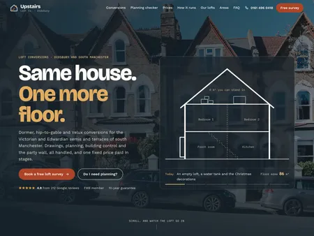 Upstairs Loft Co.. Loft conversions · Didsbury, Manchester. Opens on a drawing of a south Manchester semi that grows a floor as you scroll, then checks whether your loft needs planning permission; fixed prices paid in stages, and a free survey booked on the page.